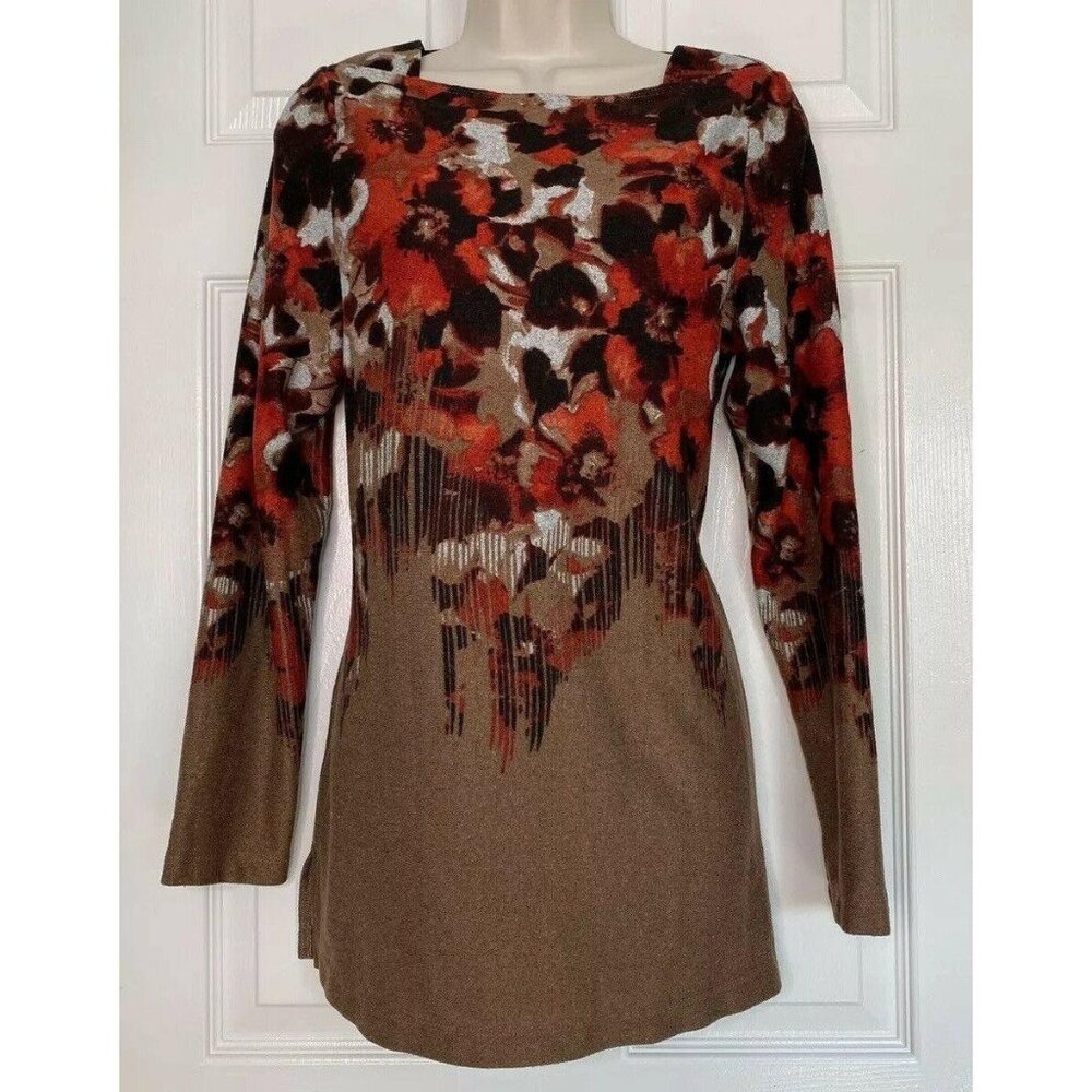 Simonton Says Small Women's Sweater Floral brown  Red Stretch Long Sleeve Shirt